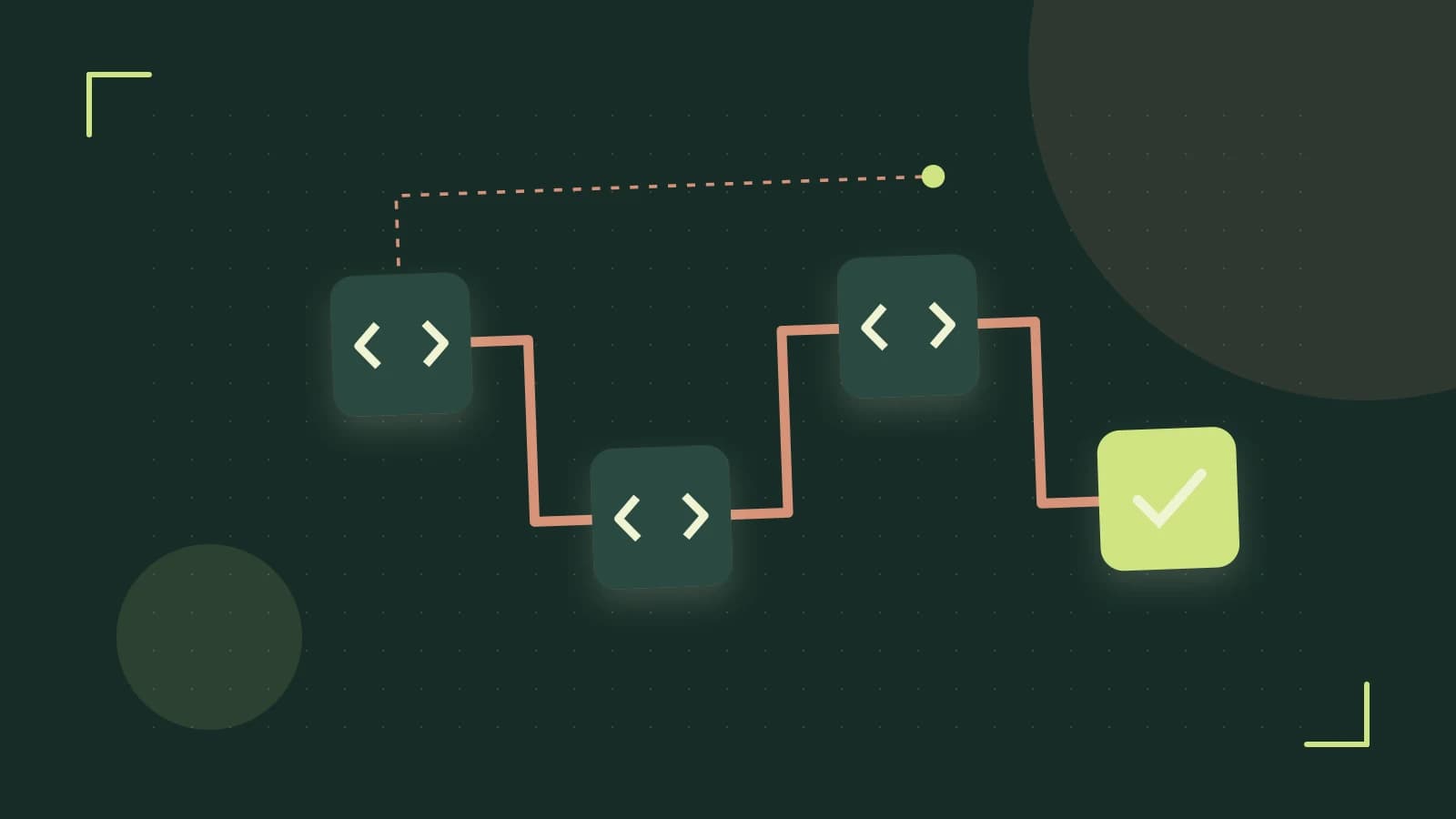 Editorial illustration of a branching build pipeline, staged transformations and a completed check
