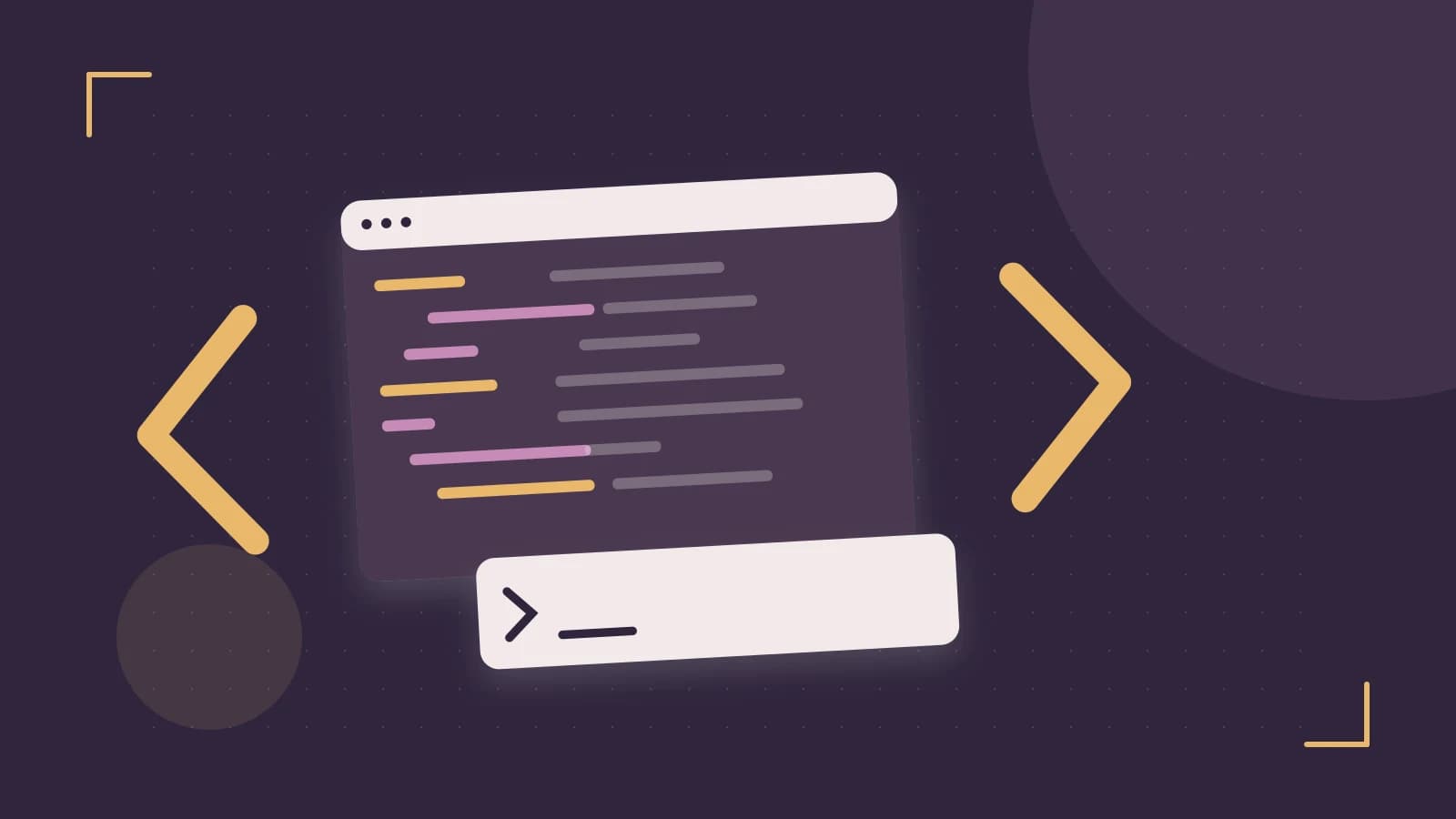Editorial illustration of an abstract code editor, syntax blocks and oversized programming brackets