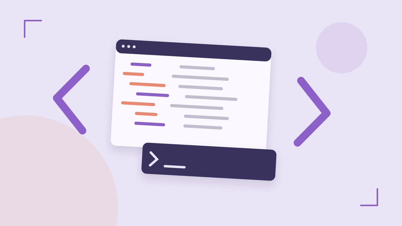 Editorial illustration of an abstract code editor, syntax blocks and oversized programming brackets