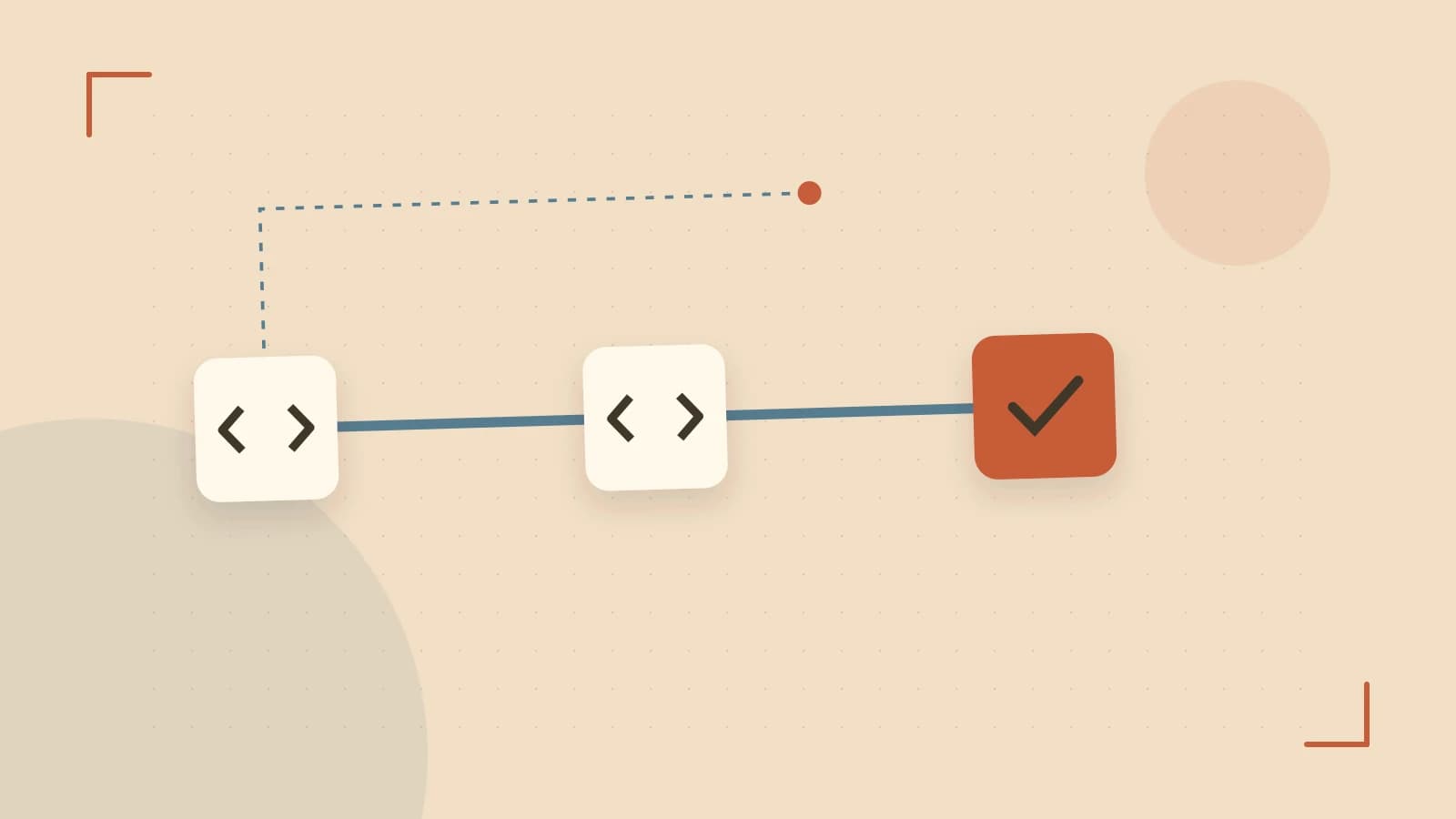 Editorial illustration of a branching build pipeline, staged transformations and a completed check