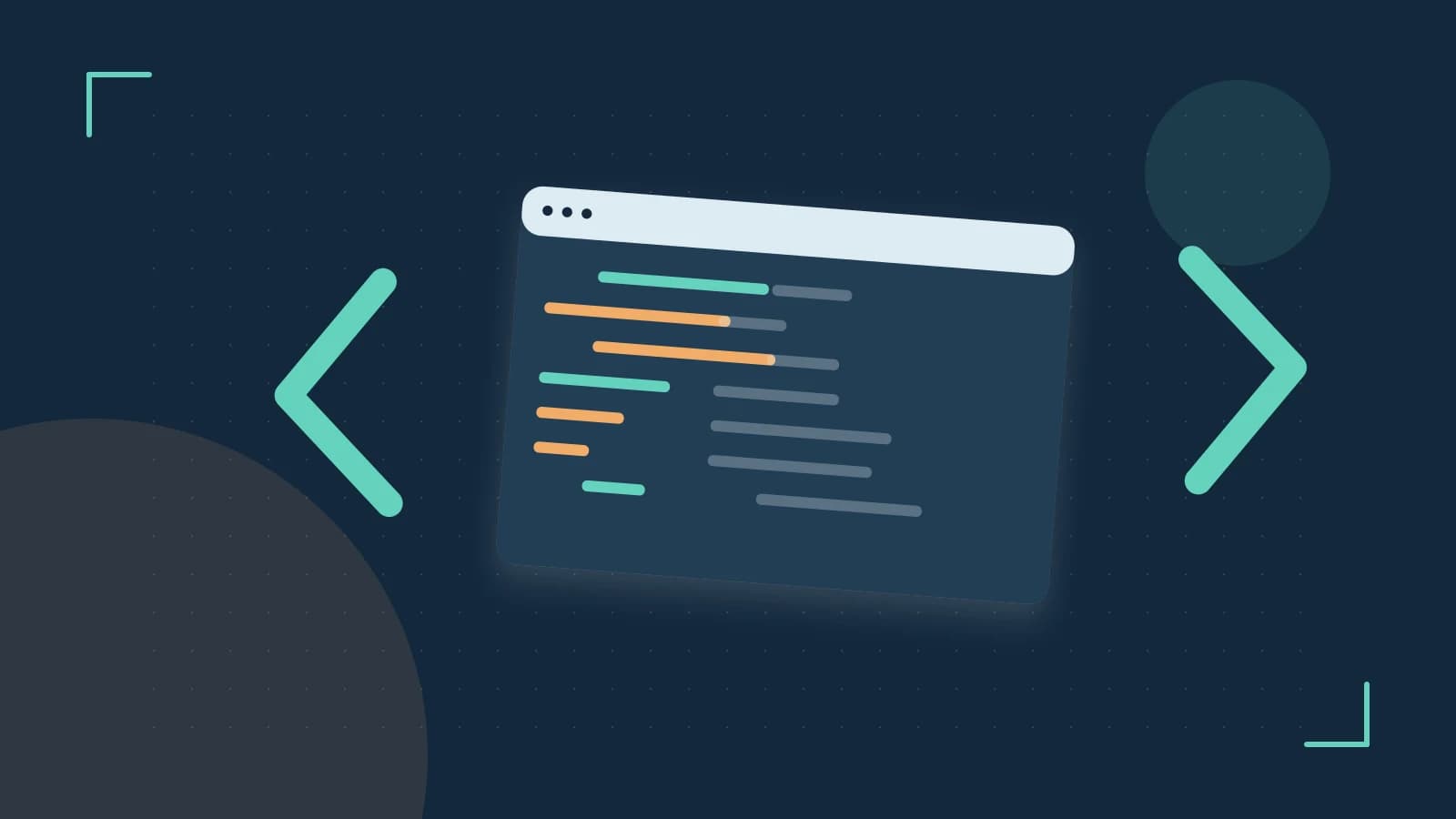 Editorial illustration of an abstract code editor, syntax blocks and oversized programming brackets
