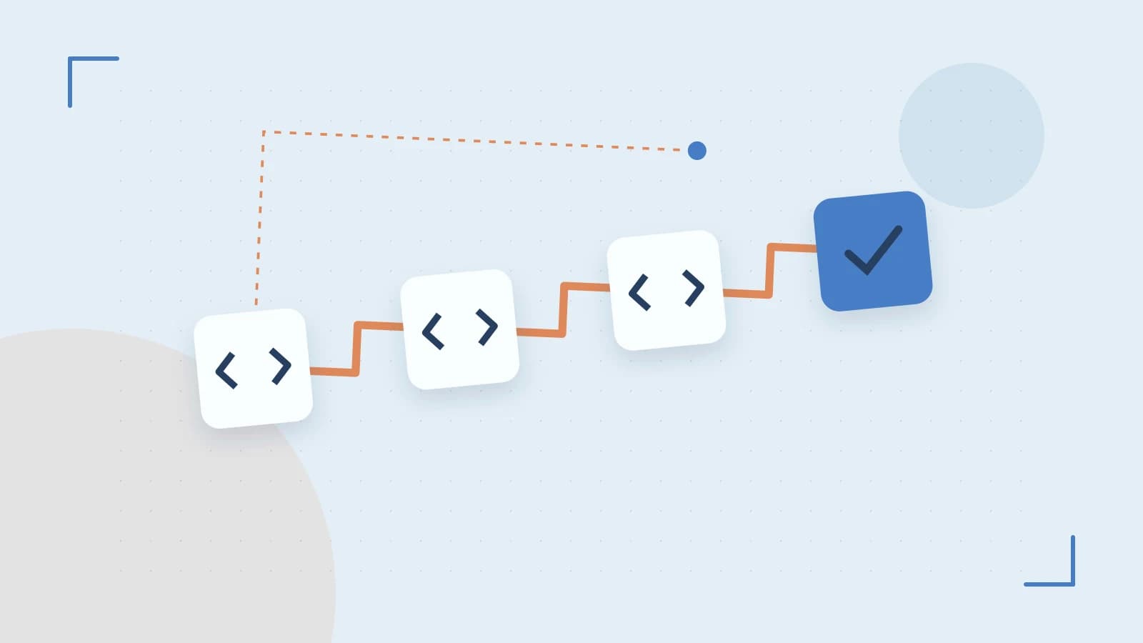 Editorial illustration of a branching build pipeline, staged transformations and a completed check