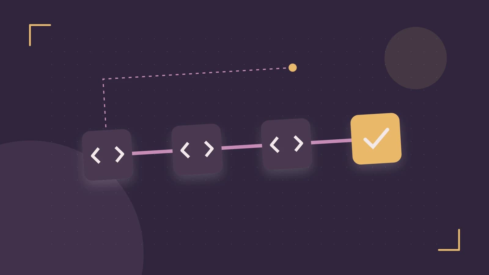 Editorial illustration of a branching build pipeline, staged transformations and a completed check