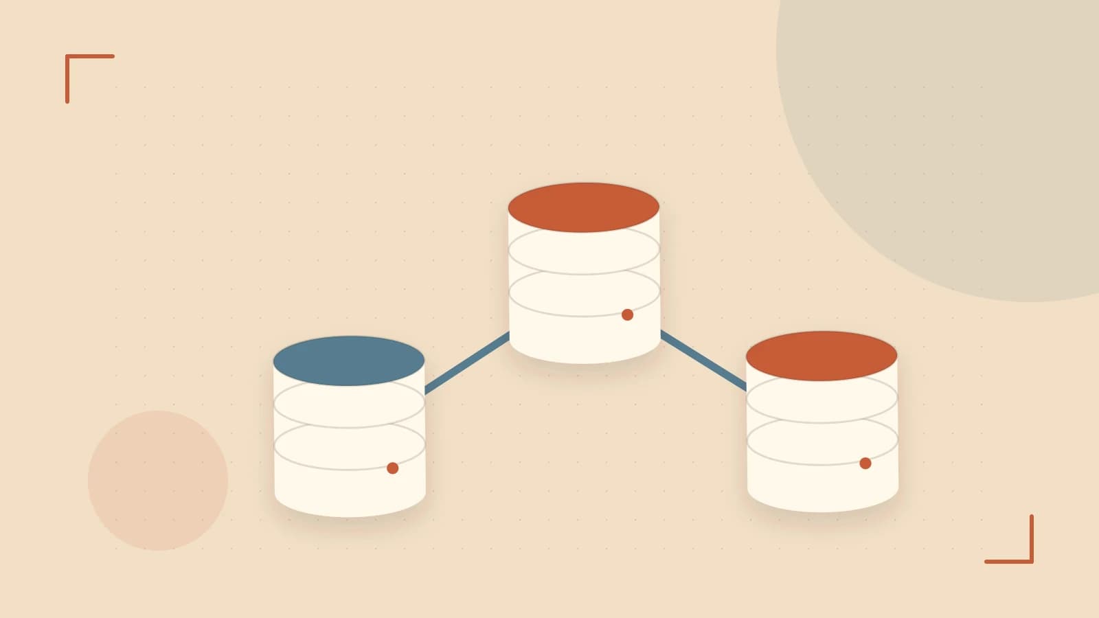 Editorial illustration of structured records, database cylinders and relationships between tables