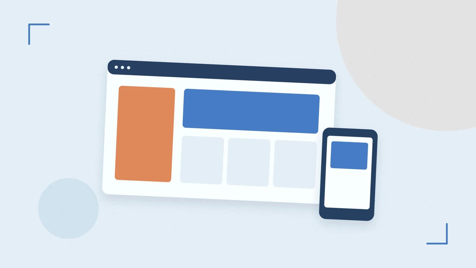 Editorial illustration of responsive browser layouts, overlapping design components and a color system