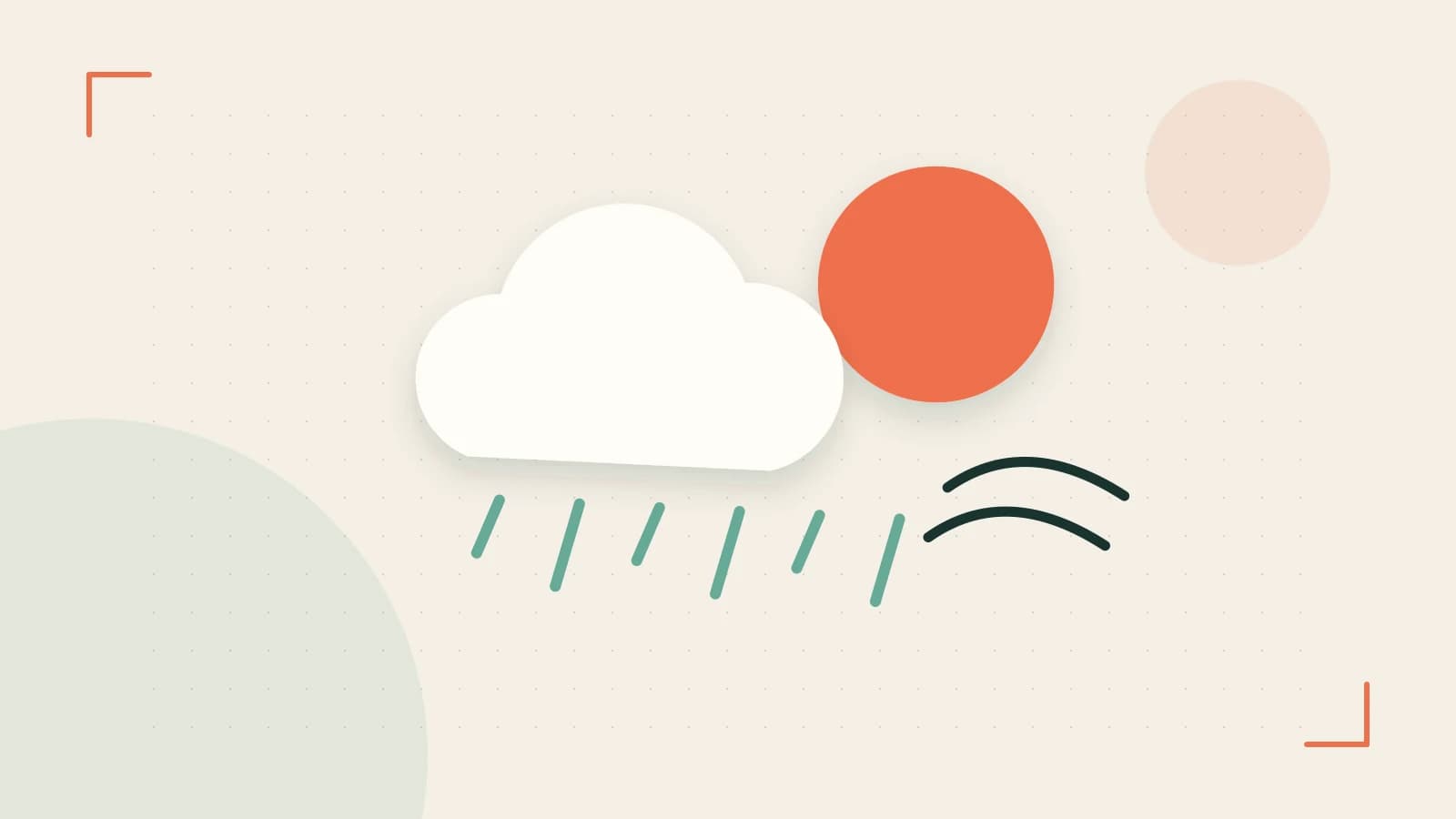Editorial illustration of a sun, layered clouds, raindrops and flowing weather patterns