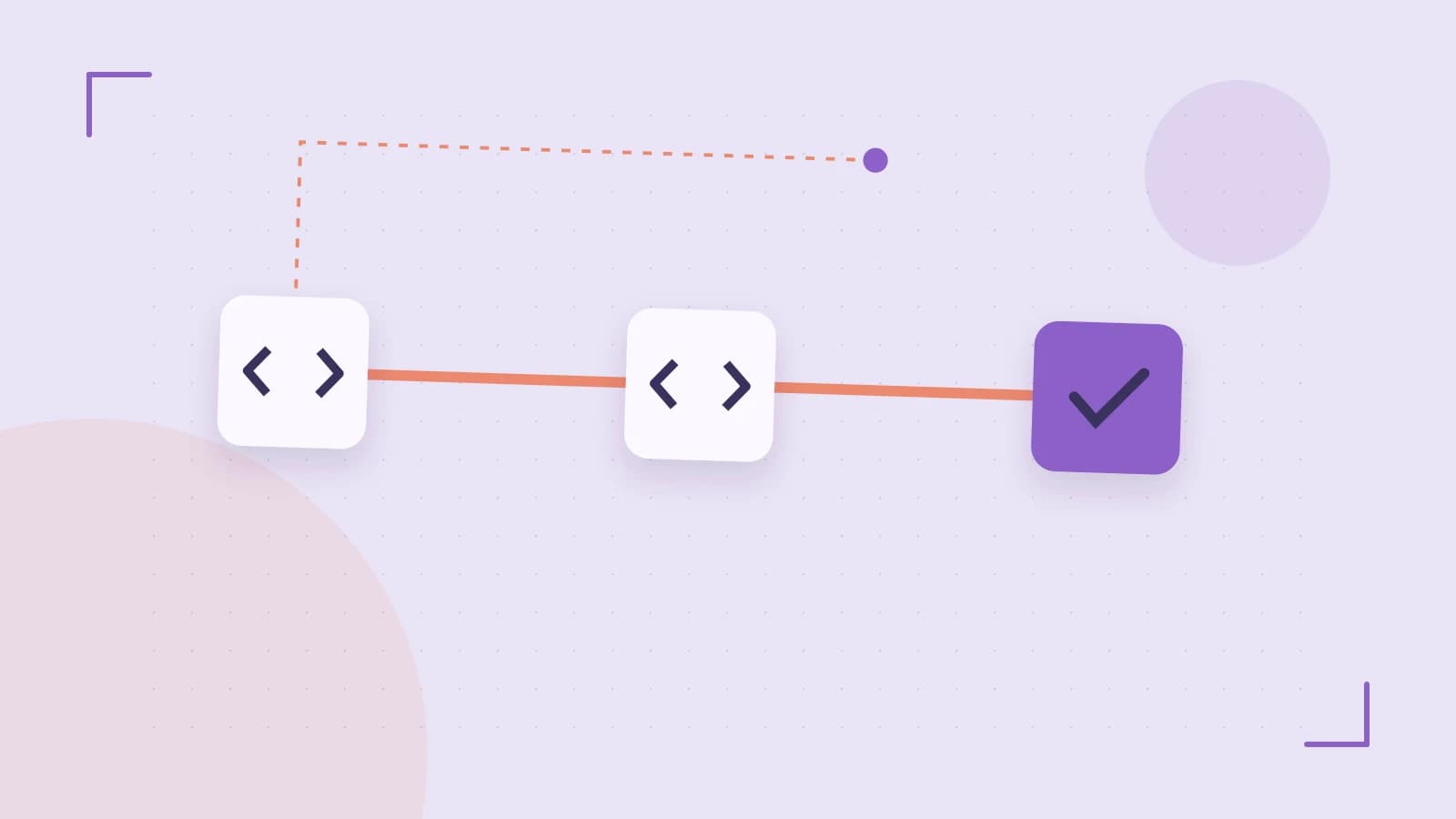 Editorial illustration of a branching build pipeline, staged transformations and a completed check