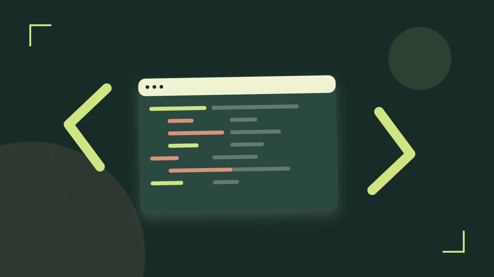 Editorial illustration of an abstract code editor, syntax blocks and oversized programming brackets