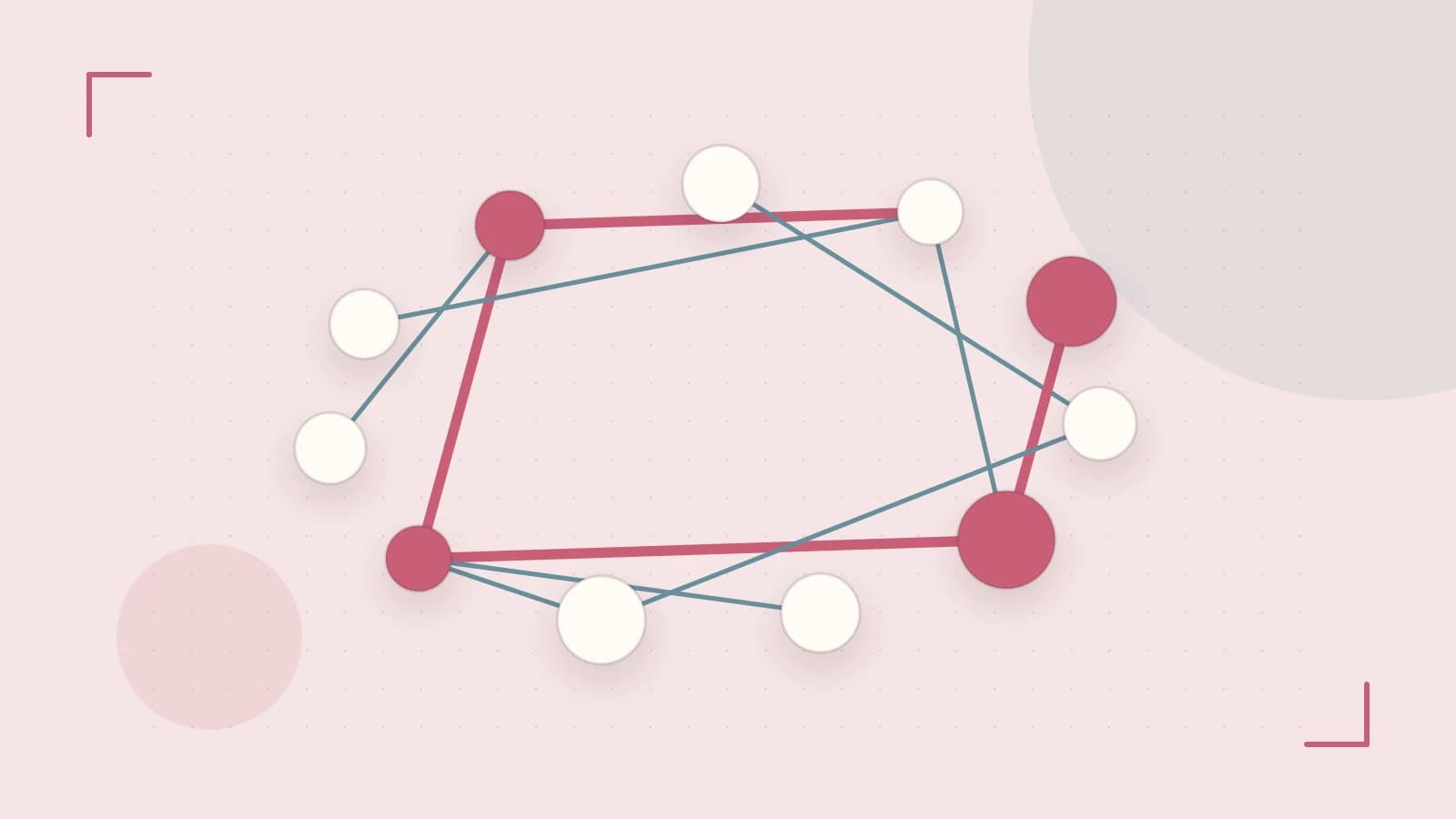 Editorial illustration of an algorithmic node graph with branching paths and a highlighted result