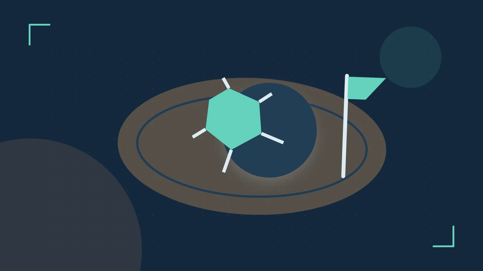 Editorial illustration of a stylized sports ball, stadium geometry and dynamic arcs