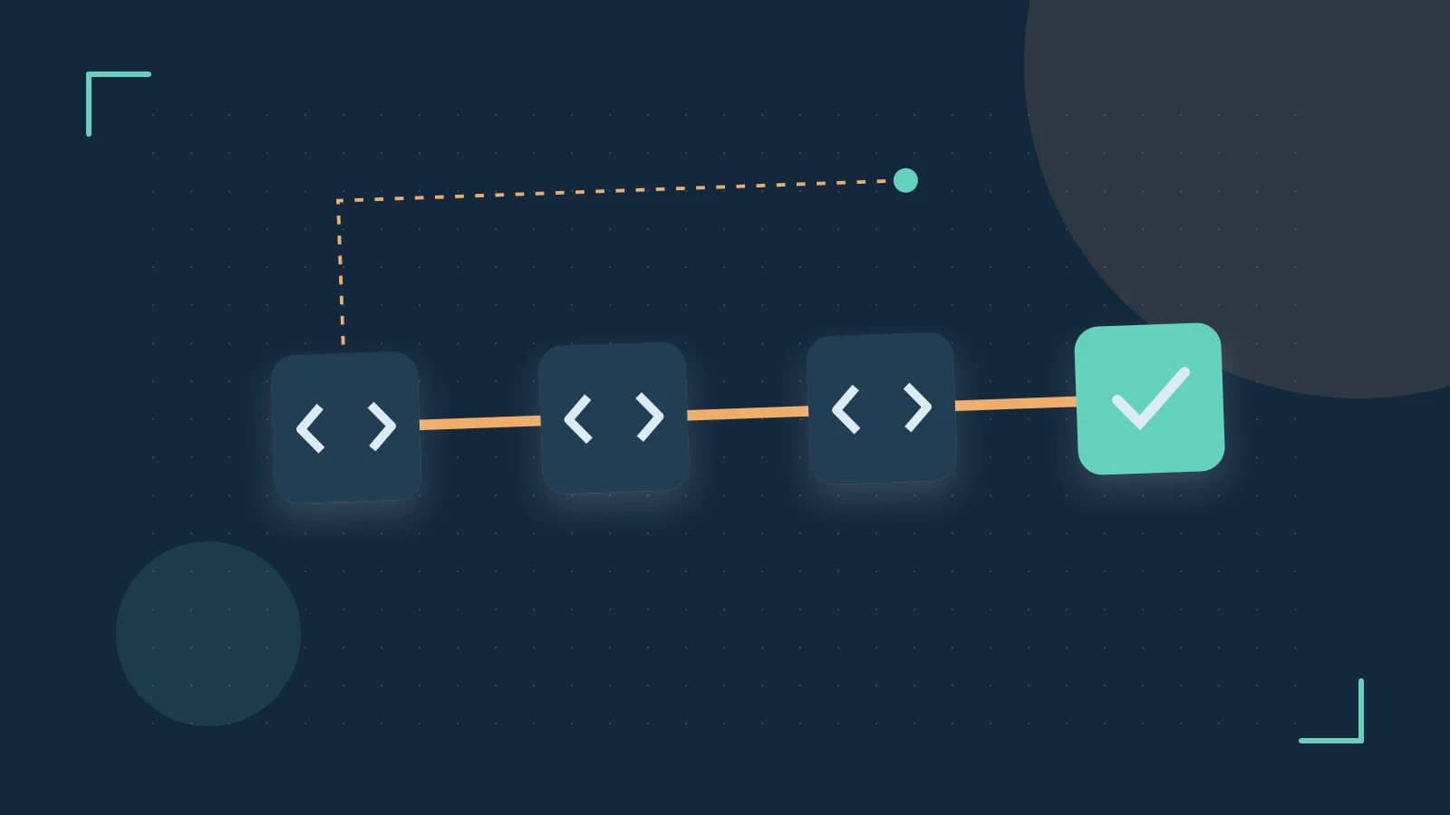 Editorial illustration of a branching build pipeline, staged transformations and a completed check