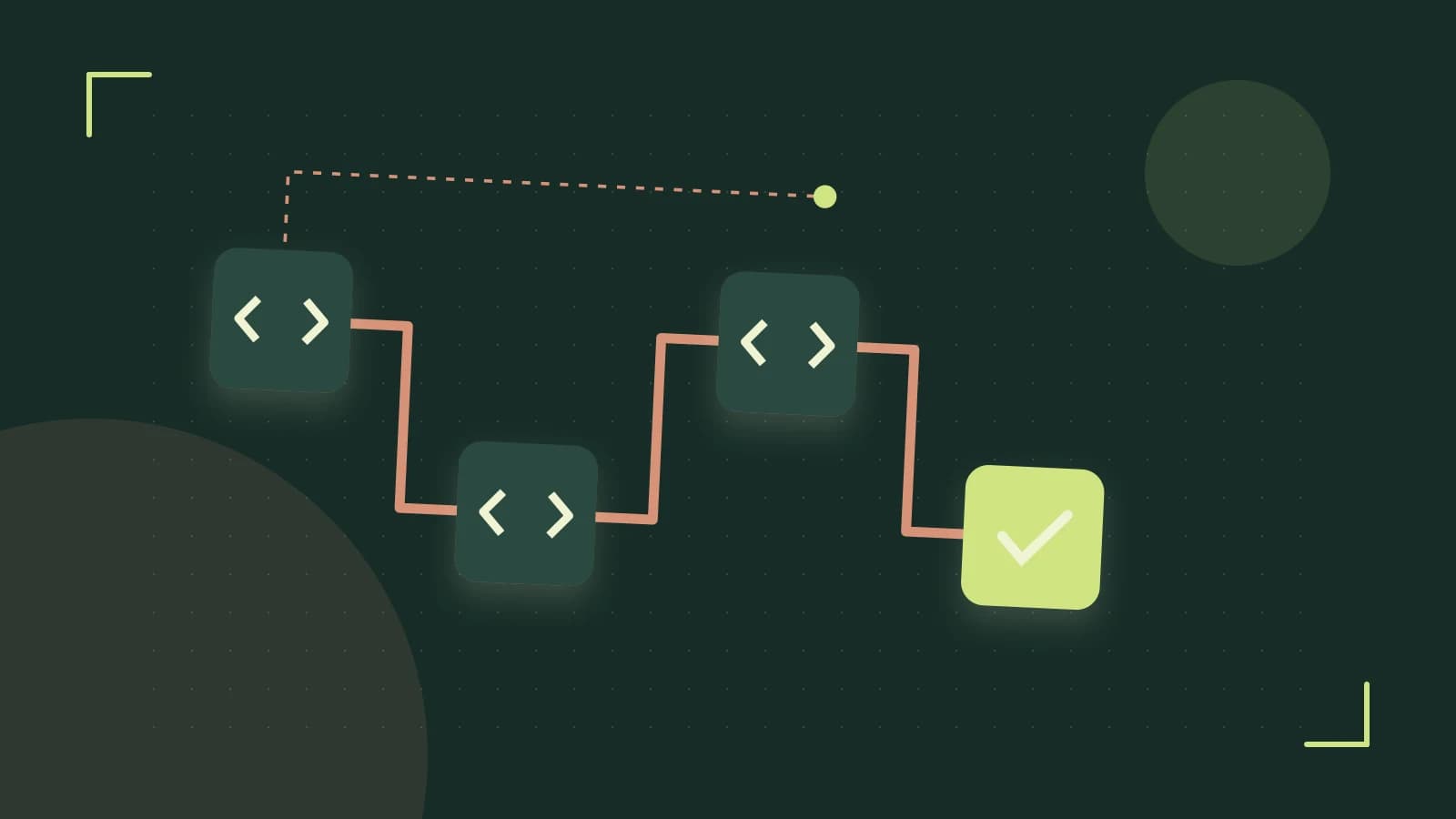 Editorial illustration of a branching build pipeline, staged transformations and a completed check
