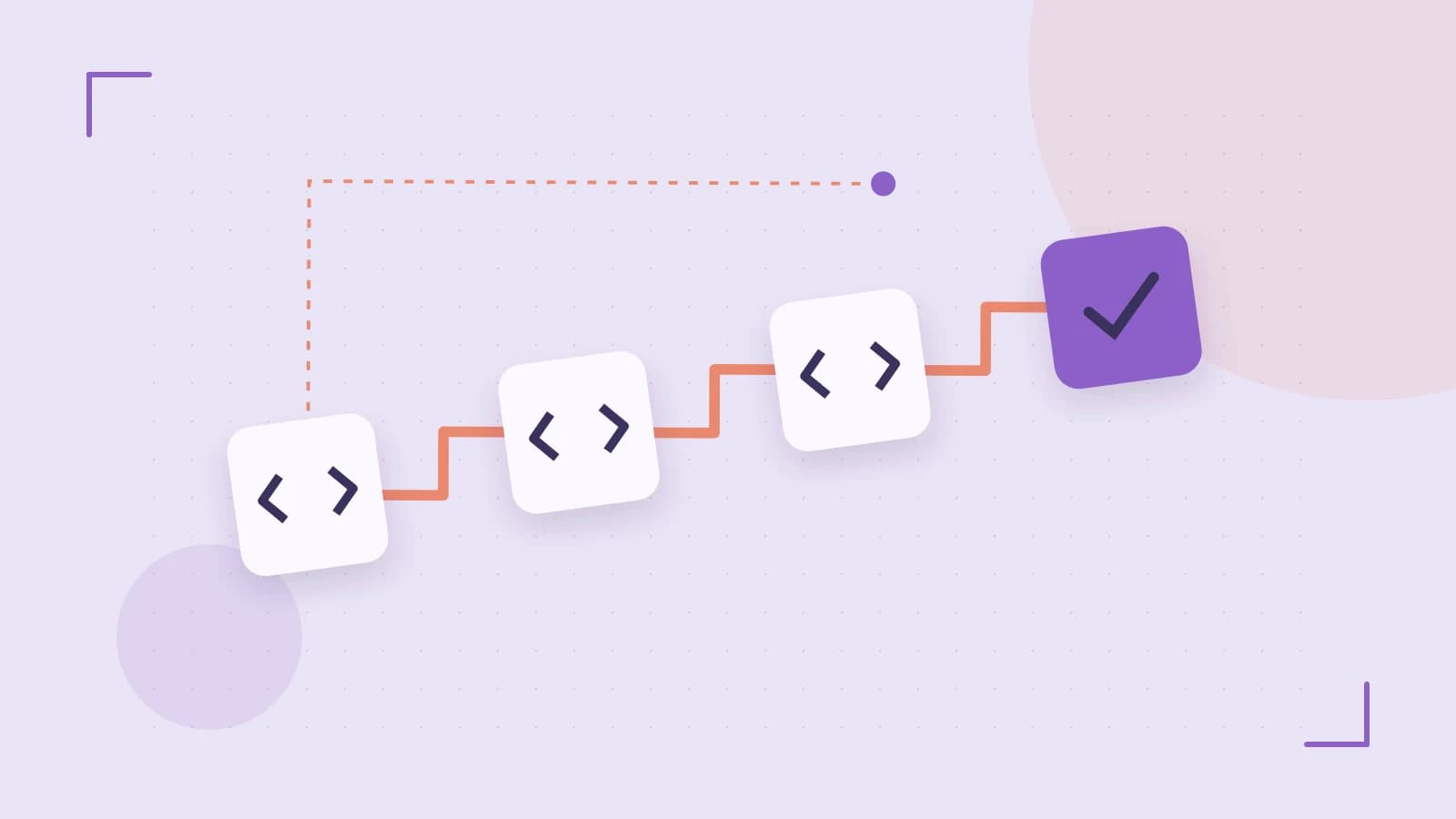 Editorial illustration of a branching build pipeline, staged transformations and a completed check