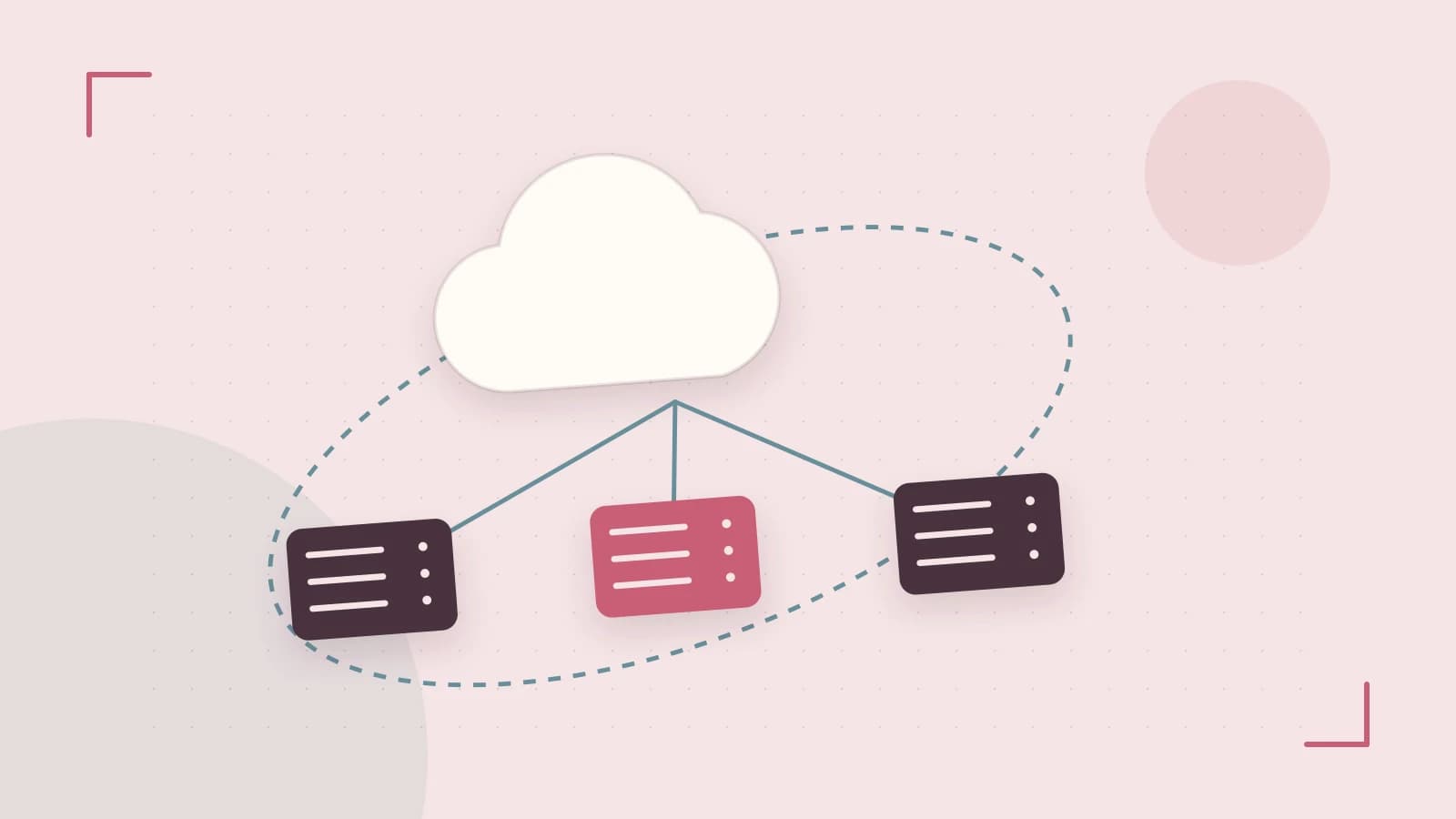 Editorial illustration of cloud infrastructure, connected server racks and an orbital service map