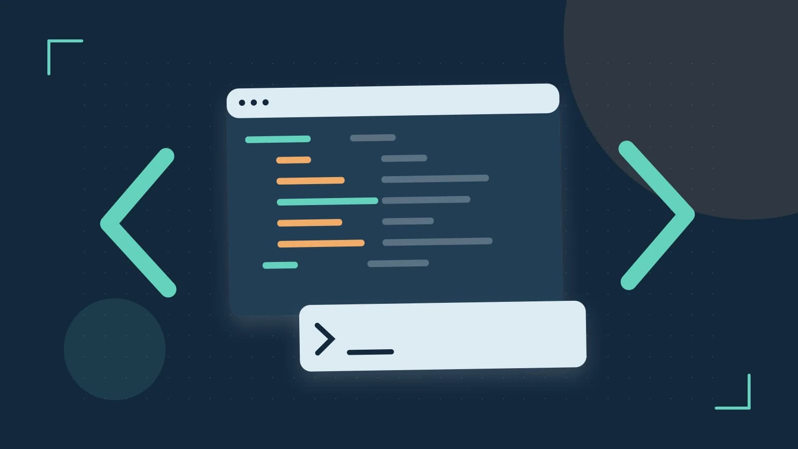 Editorial illustration of an abstract code editor, syntax blocks and oversized programming brackets