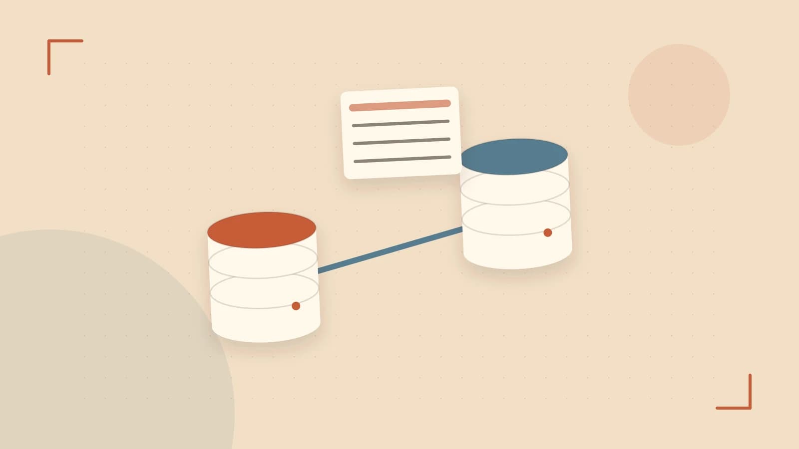 Editorial illustration of structured records, database cylinders and relationships between tables