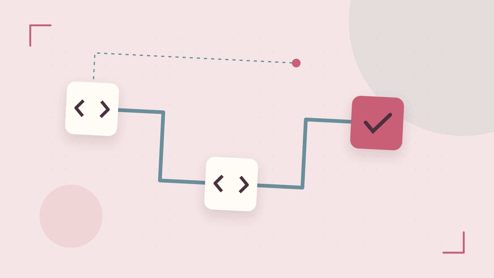 Editorial illustration of a branching build pipeline, staged transformations and a completed check