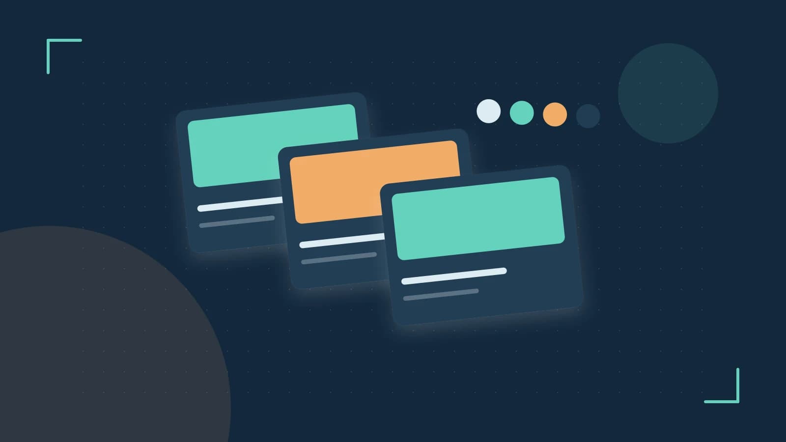 Editorial illustration of responsive browser layouts, overlapping design components and a color system