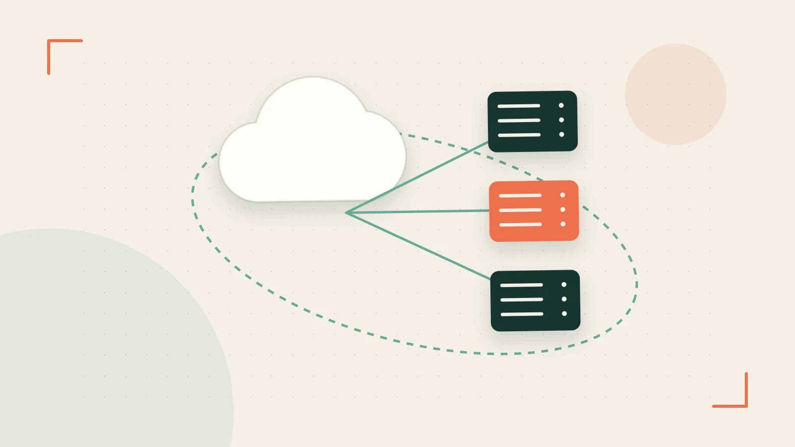 Editorial illustration of cloud infrastructure, connected server racks and an orbital service map