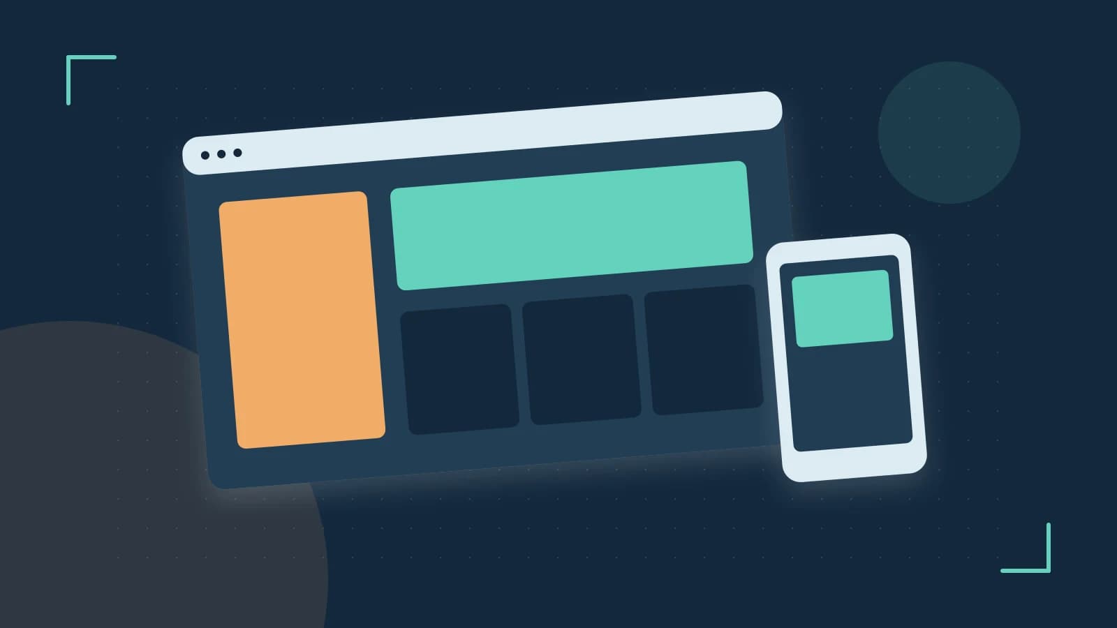 Editorial illustration of responsive browser layouts, overlapping design components and a color system