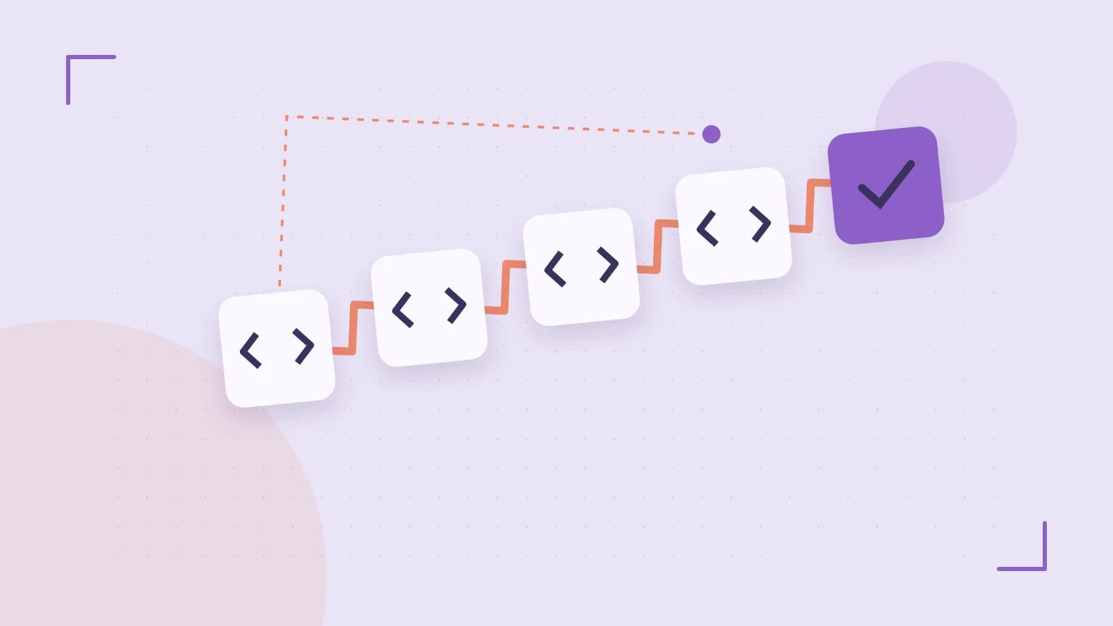 Editorial illustration of a branching build pipeline, staged transformations and a completed check