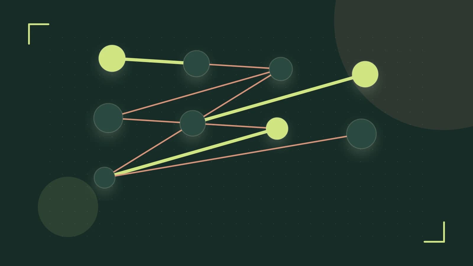 Editorial illustration of an algorithmic node graph with branching paths and a highlighted result