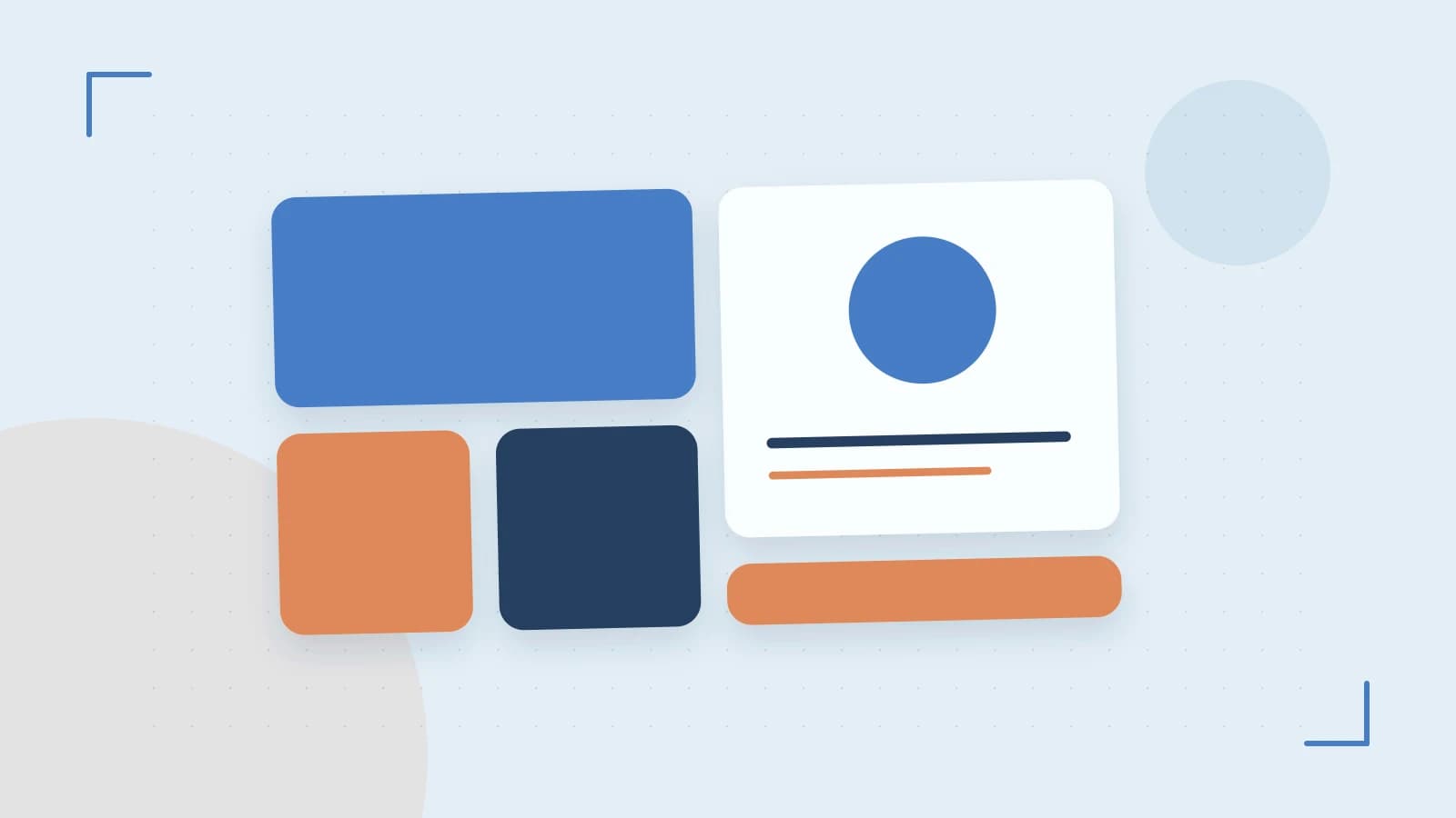 Editorial illustration of responsive browser layouts, overlapping design components and a color system