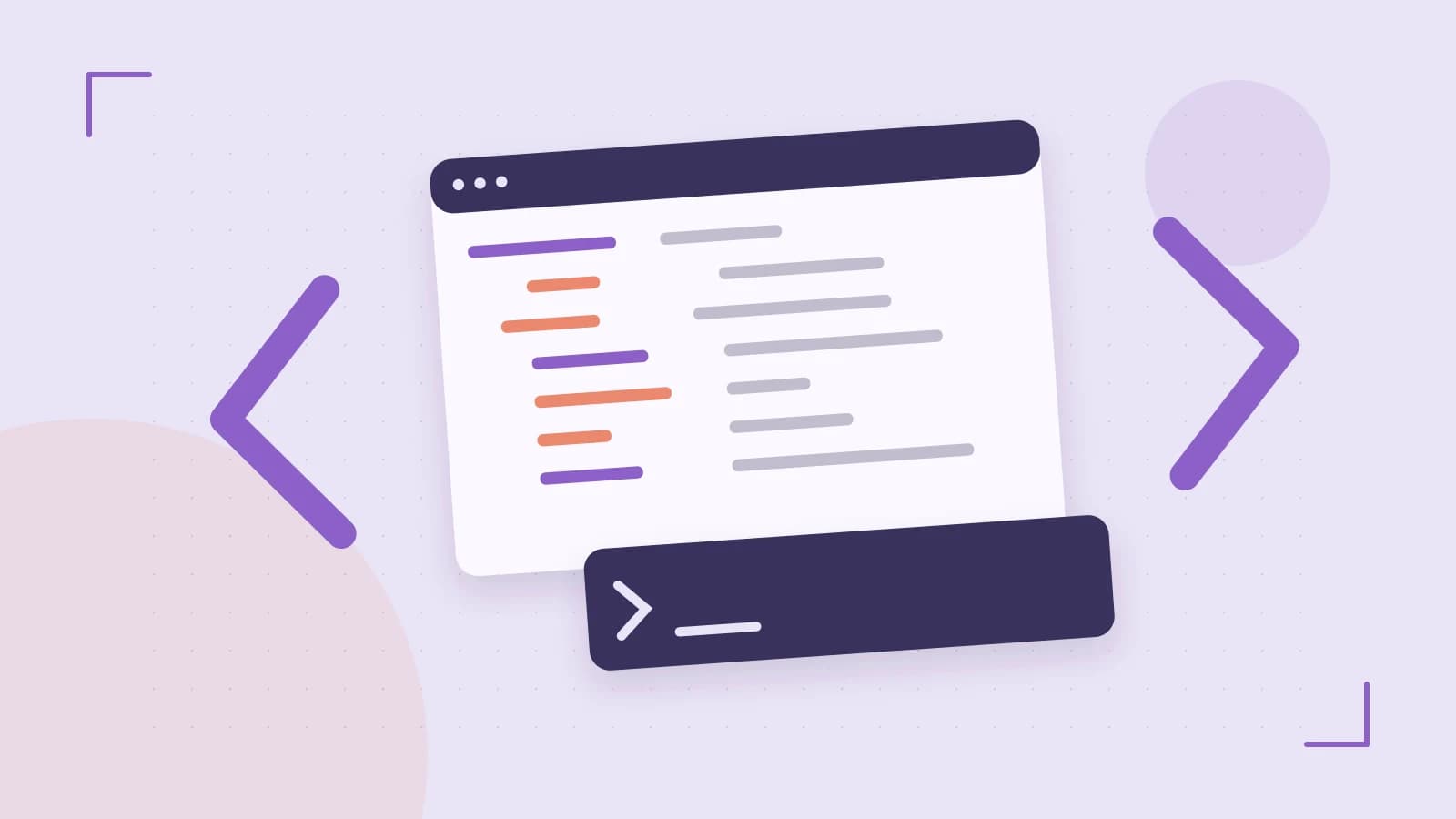 Editorial illustration of an abstract code editor, syntax blocks and oversized programming brackets