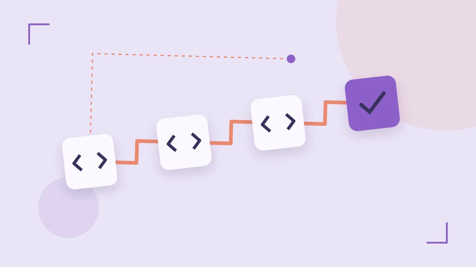 Editorial illustration of a branching build pipeline, staged transformations and a completed check