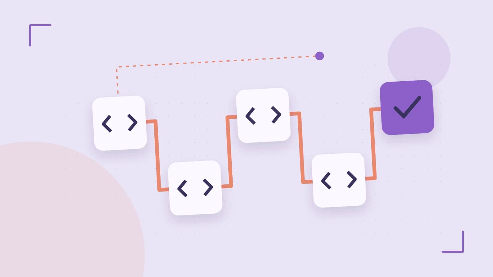 Editorial illustration of a branching build pipeline, staged transformations and a completed check