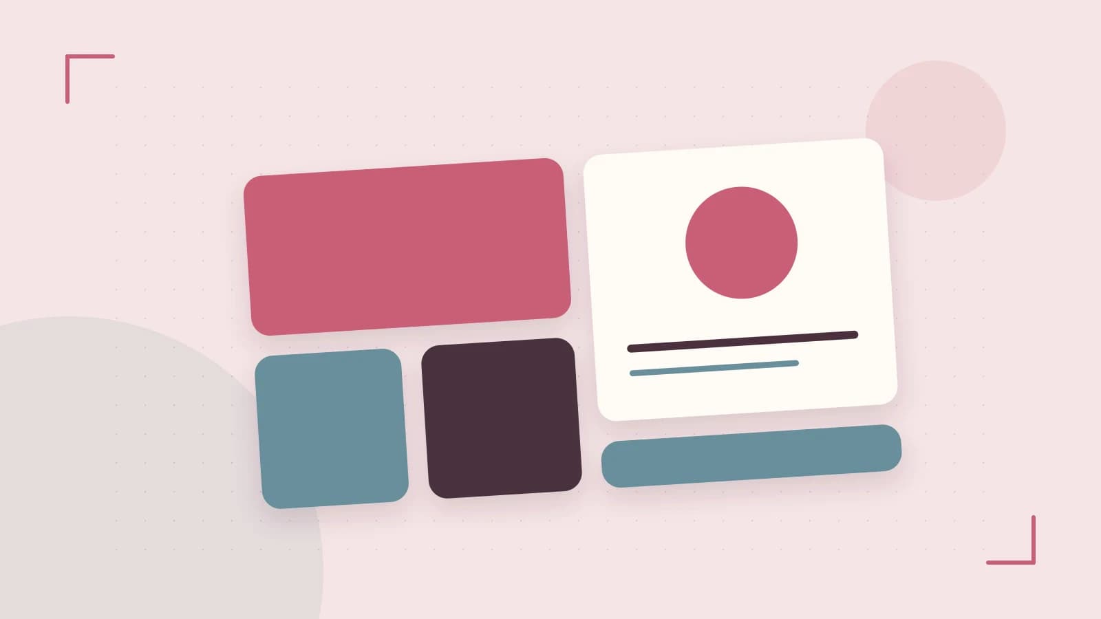 Editorial illustration of responsive browser layouts, overlapping design components and a color system