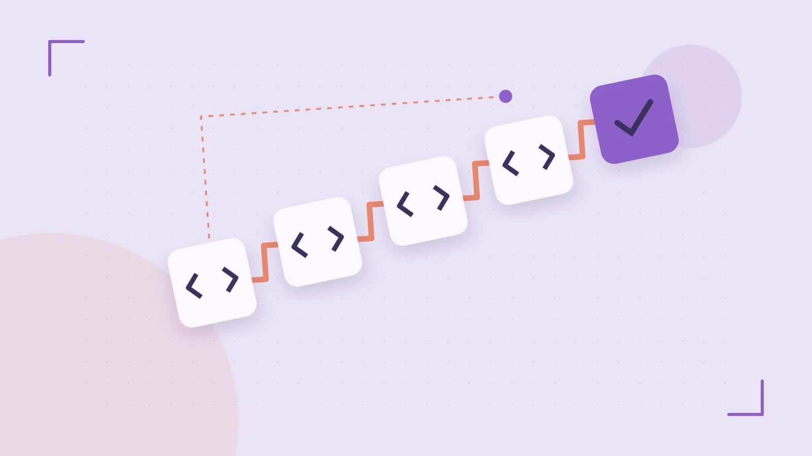 Editorial illustration of a branching build pipeline, staged transformations and a completed check