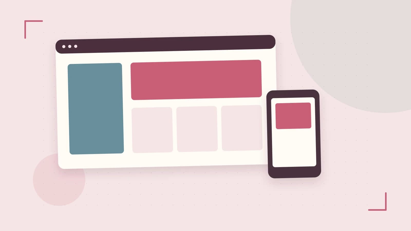 Editorial illustration of responsive browser layouts, overlapping design components and a color system