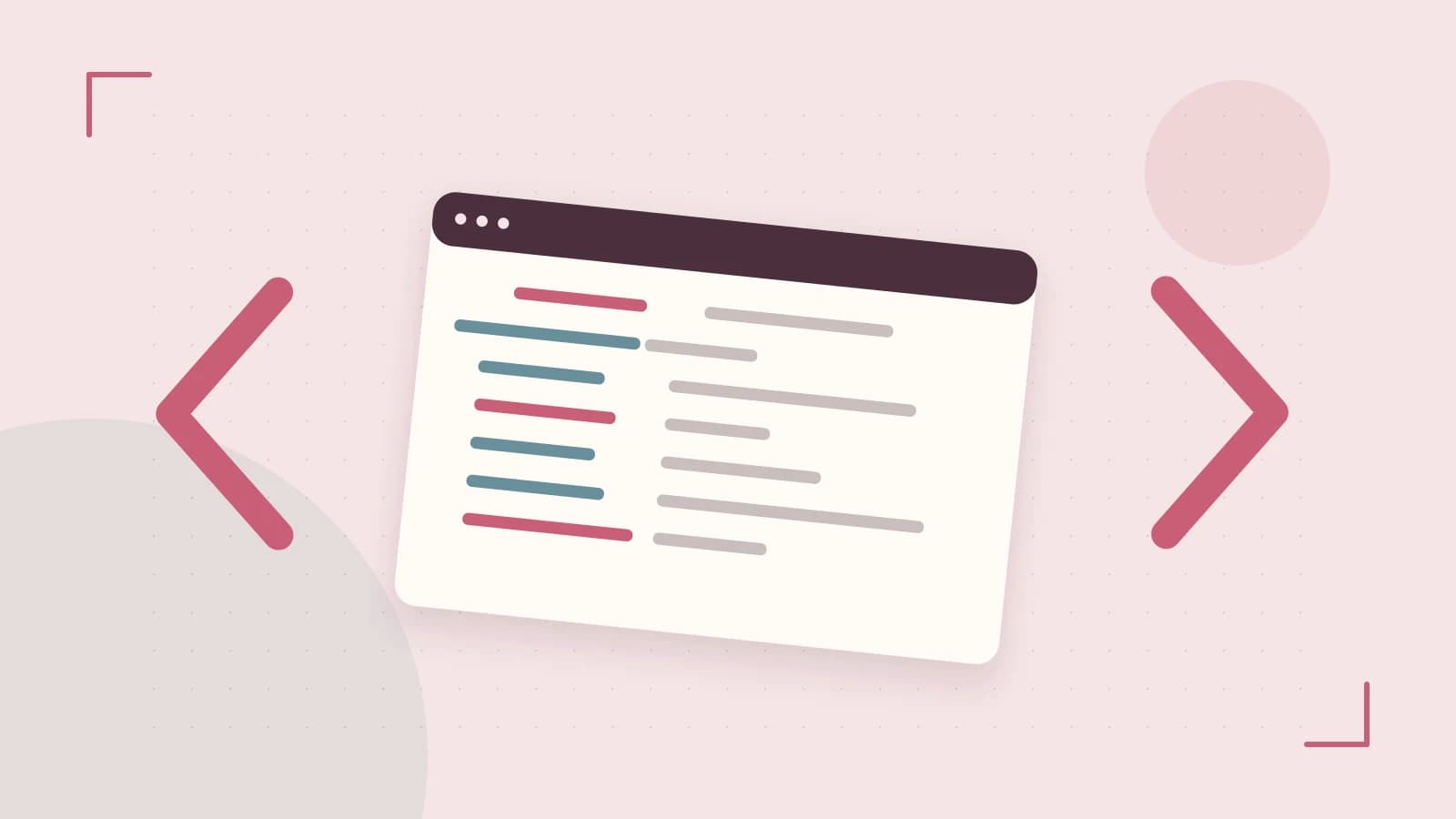 Editorial illustration of an abstract code editor, syntax blocks and oversized programming brackets