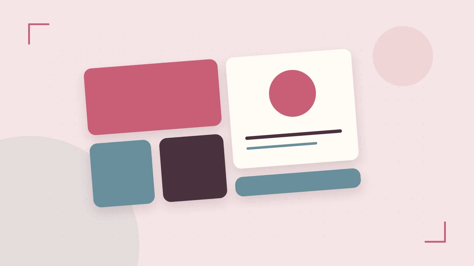 Editorial illustration of responsive browser layouts, overlapping design components and a color system