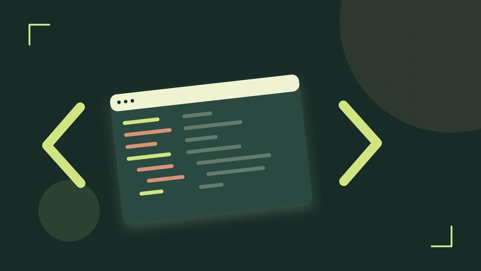 Editorial illustration of an abstract code editor, syntax blocks and oversized programming brackets