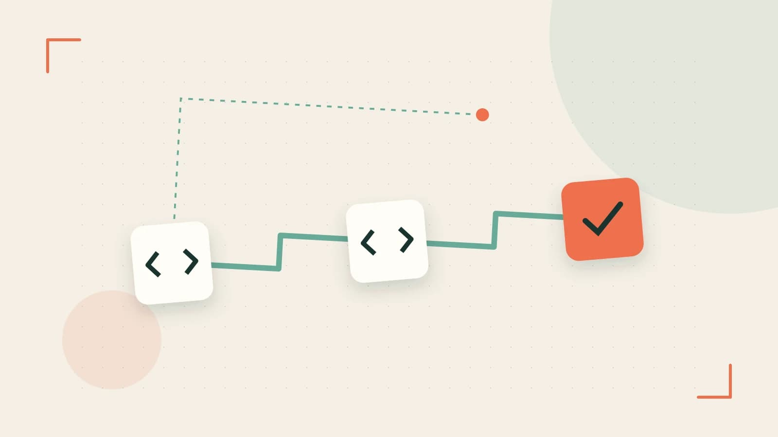 Editorial illustration of a branching build pipeline, staged transformations and a completed check