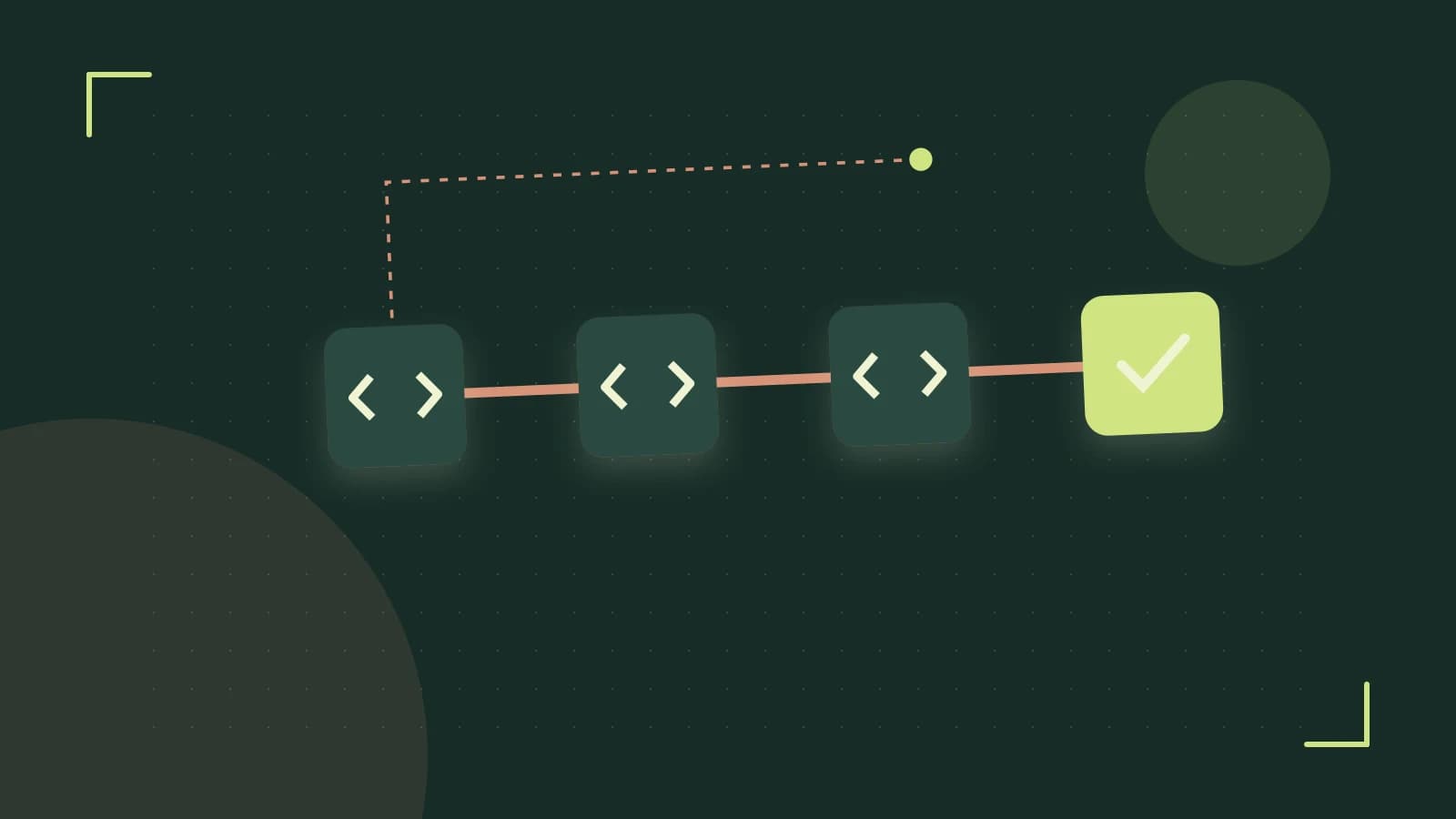 Editorial illustration of a branching build pipeline, staged transformations and a completed check