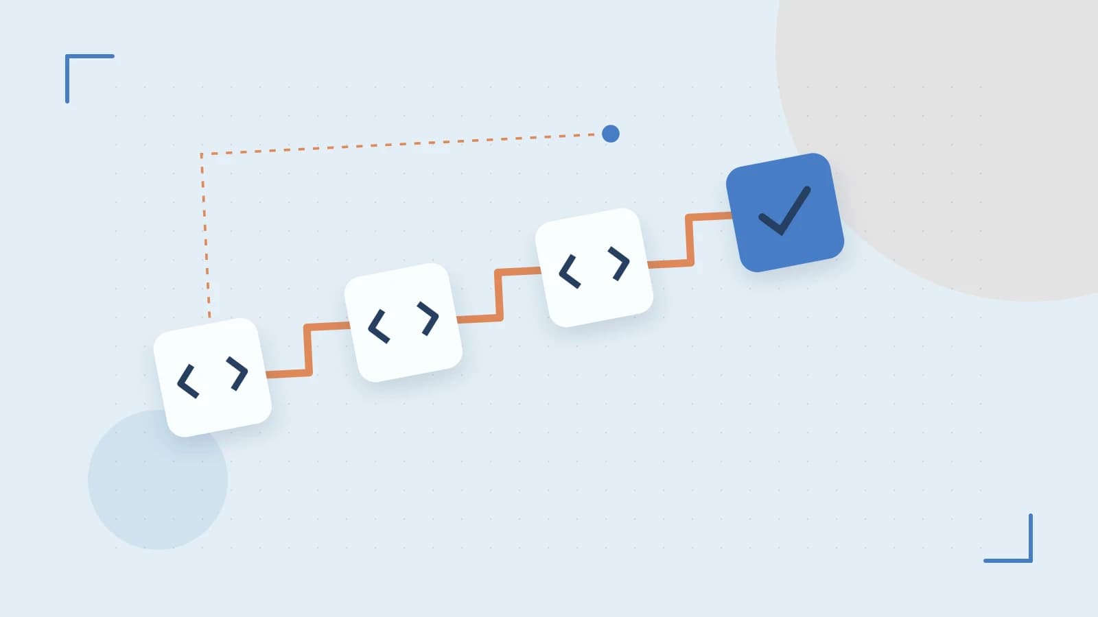Editorial illustration of a branching build pipeline, staged transformations and a completed check