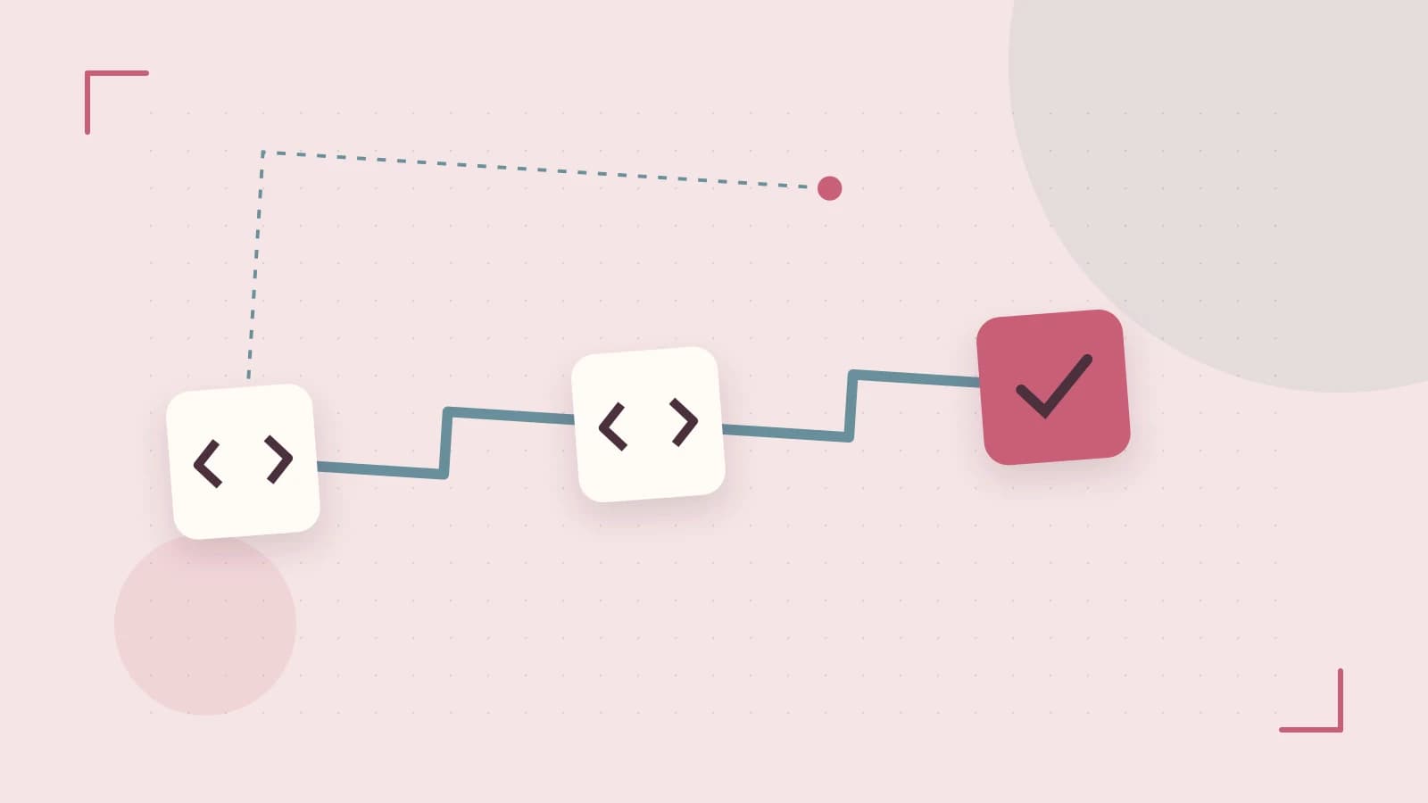 Editorial illustration of a branching build pipeline, staged transformations and a completed check