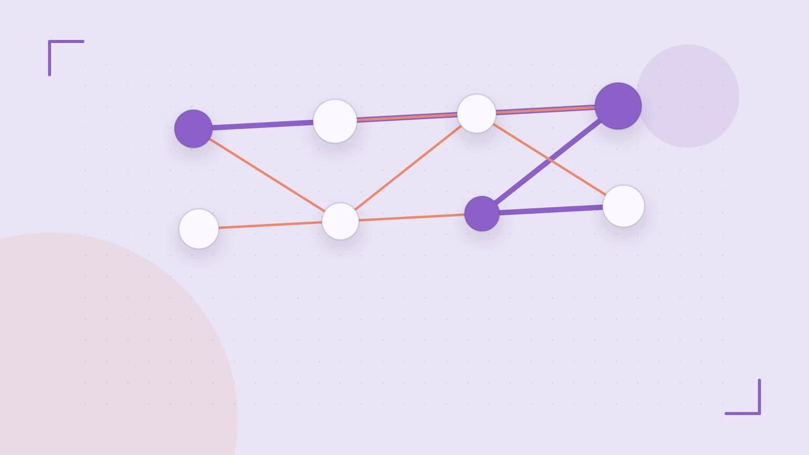 Editorial illustration of an algorithmic node graph with branching paths and a highlighted result