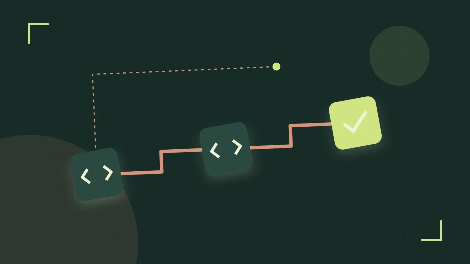 Editorial illustration of a branching build pipeline, staged transformations and a completed check