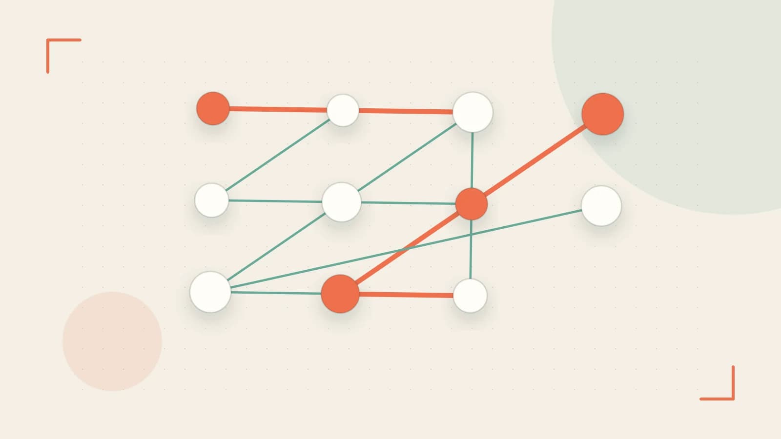 Editorial illustration of an algorithmic node graph with branching paths and a highlighted result