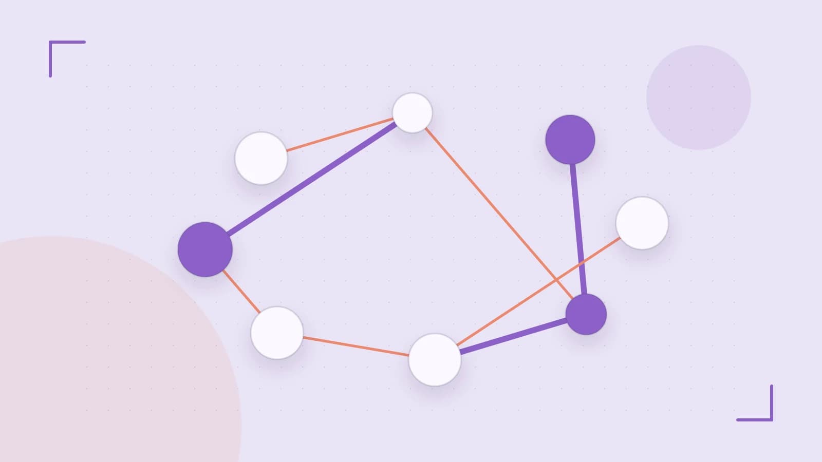Editorial illustration of an algorithmic node graph with branching paths and a highlighted result