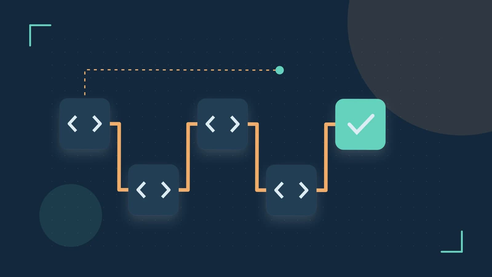 Editorial illustration of a branching build pipeline, staged transformations and a completed check