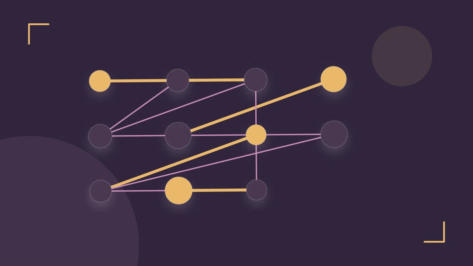 Editorial illustration of an algorithmic node graph with branching paths and a highlighted result