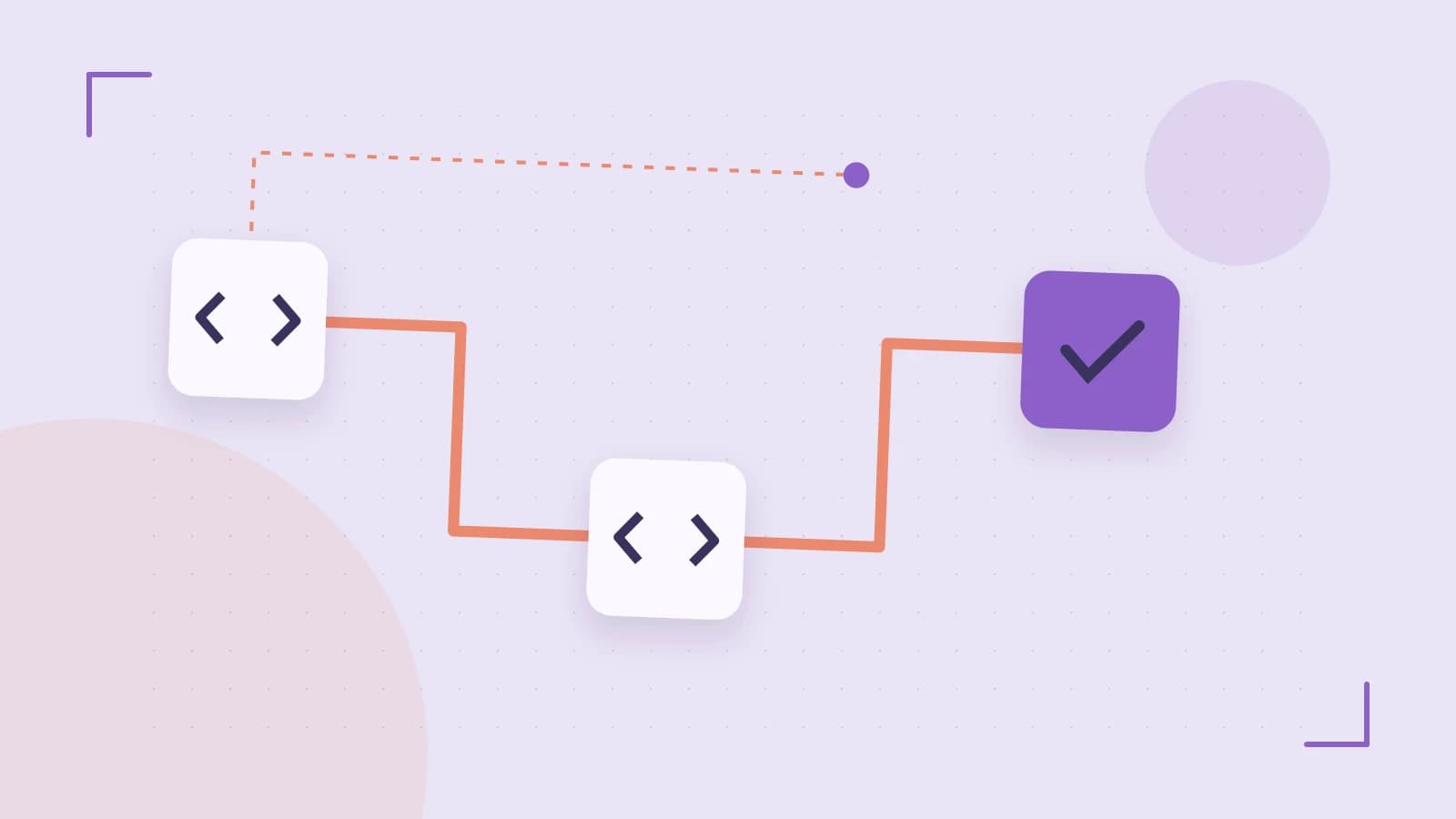 Editorial illustration of a branching build pipeline, staged transformations and a completed check