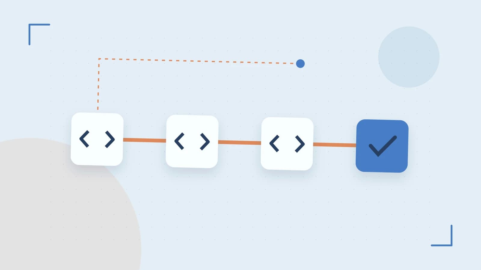 Editorial illustration of a branching build pipeline, staged transformations and a completed check