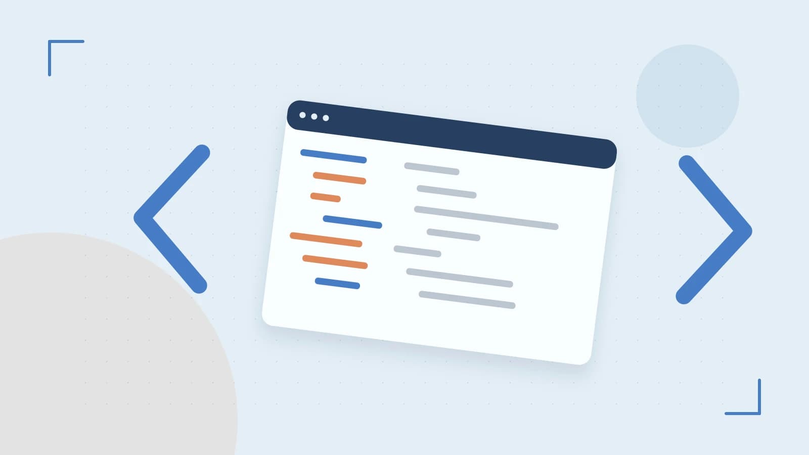 Editorial illustration of an abstract code editor, syntax blocks and oversized programming brackets