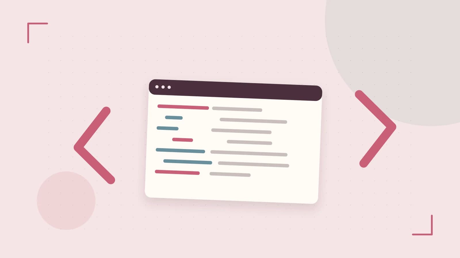 Editorial illustration of an abstract code editor, syntax blocks and oversized programming brackets
